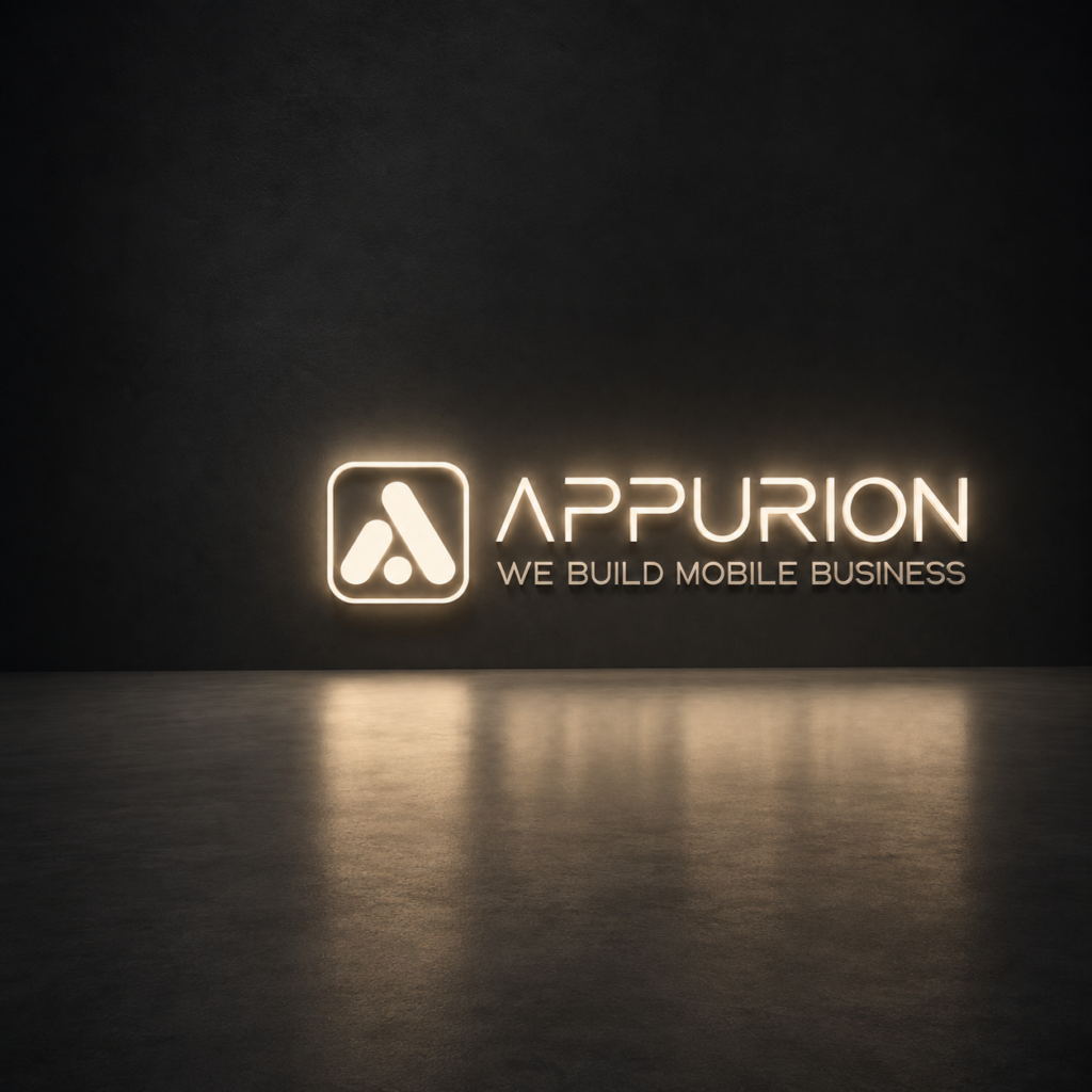 Neon-Leuchtreklame mit dem Logo und dem Schriftzug „APPURION – WE BUILD MOBILE BUSINESS" an einer dunklen Betonwand mit Lichtreflexion auf dem Boden.