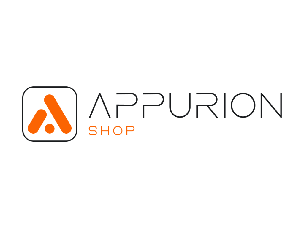 APPURION SHOP Logo mit SHOP-Orange-Akzent und dem Schriftzug „APPURION SHOP" auf dunklem Hintergrund.