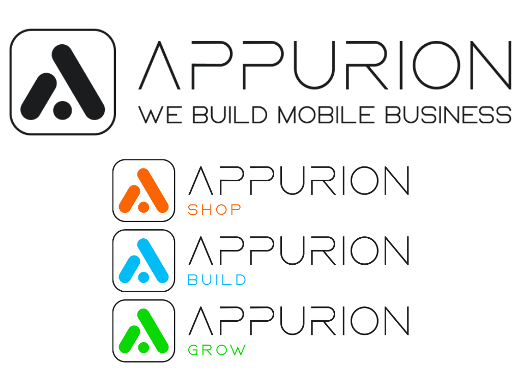 APPURION mit dem Claim „We build mobile business“ und den Logos von SHOP, BUILD und GROW.
